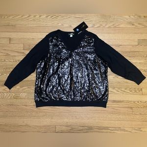 NWT - HSN JOAN BOYCE Black Cotton Knit Sequin Embellished front sweater